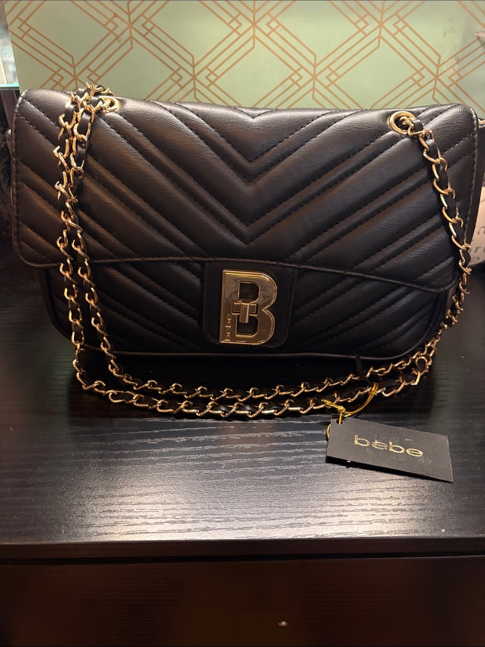 bebe Quilted Chevron Chain Shoulder Bag in Black with Gold Hardware
